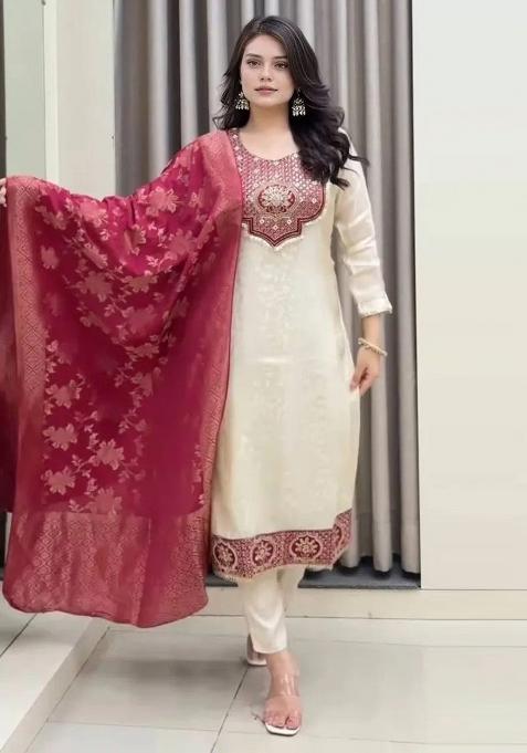 White Embroidery Banarasi Kurta Set