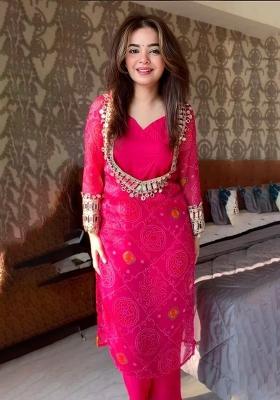 Rani Pink Mirror Work Chinon Kurta Set