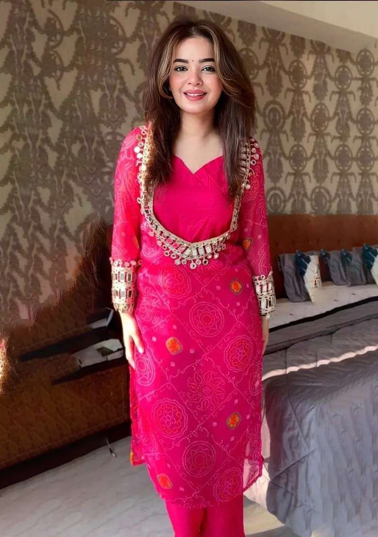 Rani Pink Mirror Work Chinon Kurta Set - Indya