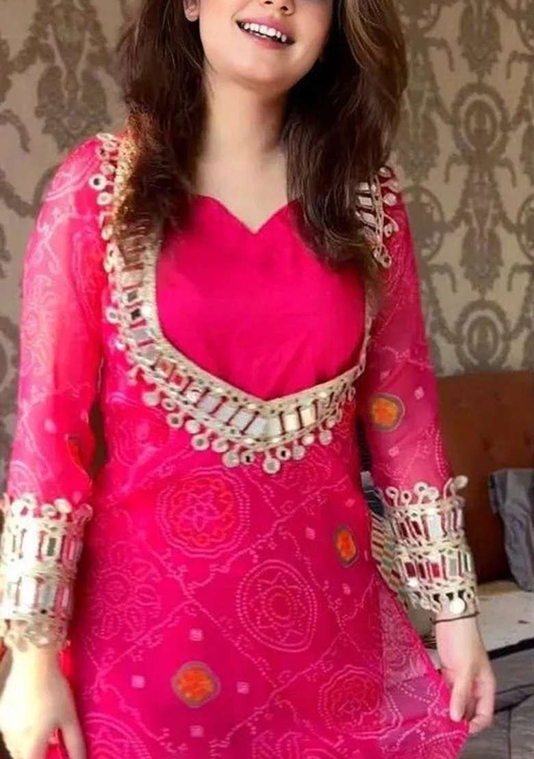 Rani Pink Mirror Work Chinon Kurta Set - Indya