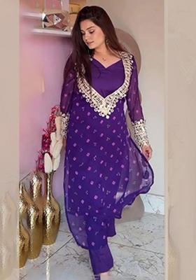 Purple Mirror Work Chinon Kurta Set