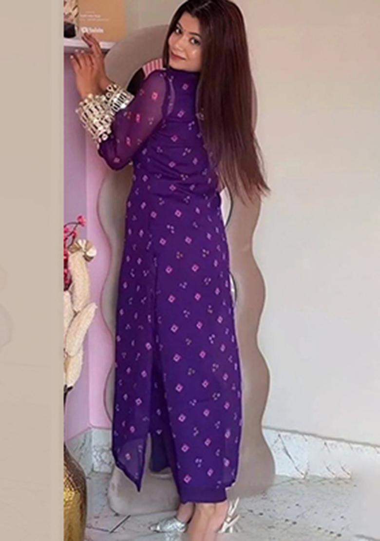Purple Mirror Work Chinon Kurta Set - Indya