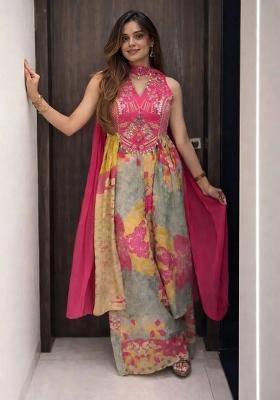 Pink Hand Work Chinon Anarkali Set