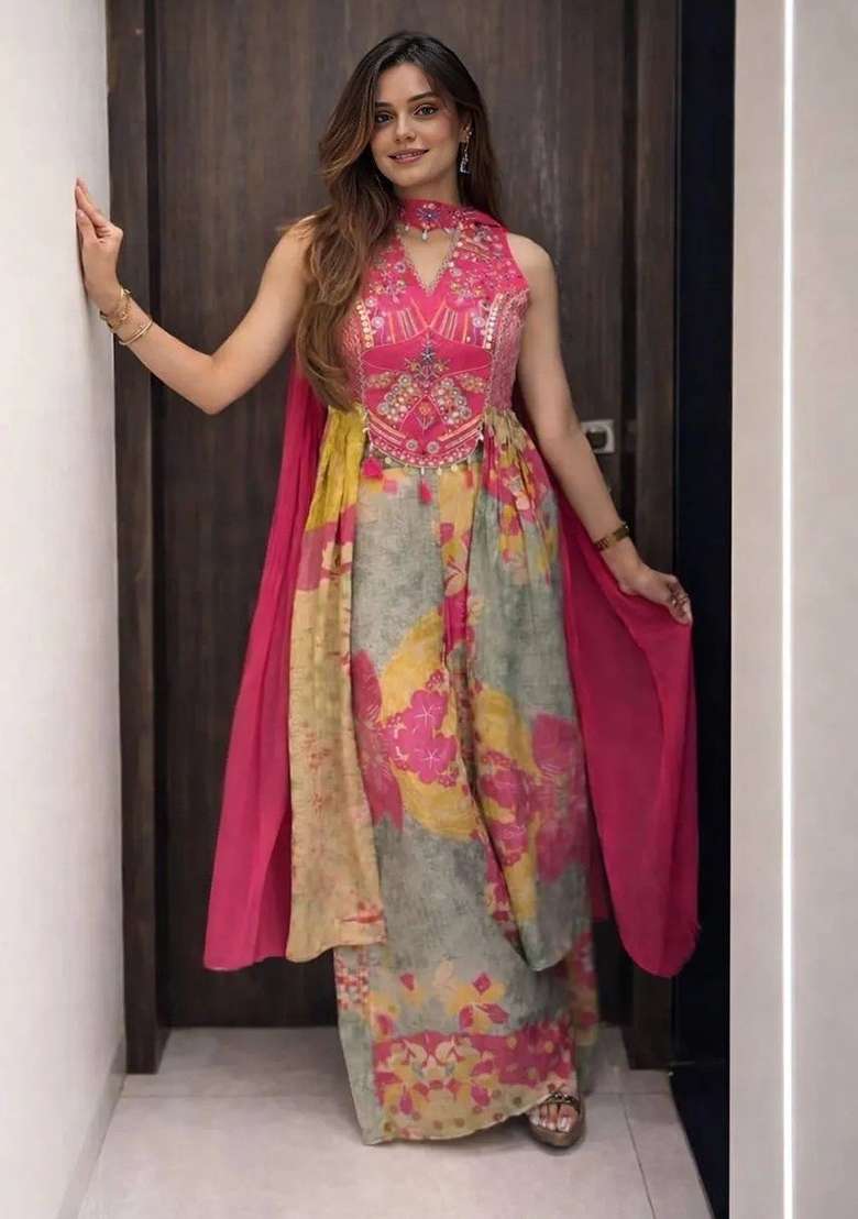 Pink Hand Work Chinon Anarkali Set - Indya