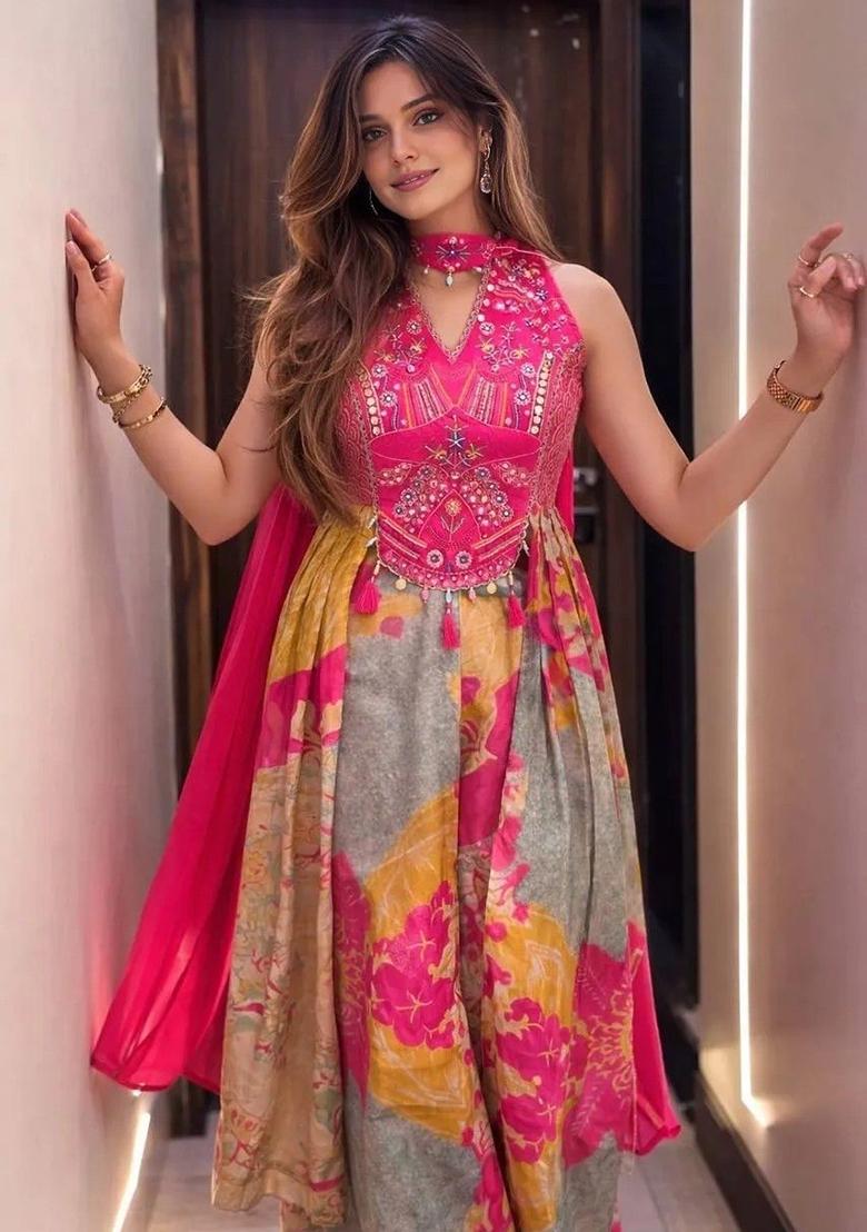 Pink Hand Work Chinon Anarkali Set - Indya