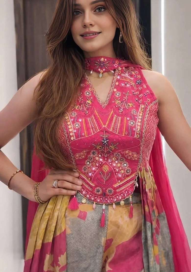 Pink Hand Work Chinon Anarkali Set - Indya