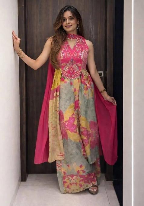 Pink Hand Work Chinon Anarkali Set