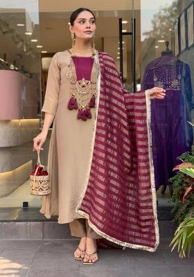 Beige Embroidery Cotton Kurta Set