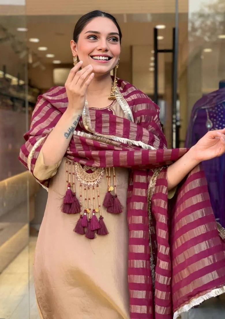 Beige Embroidery Cotton Kurta Set - Indya