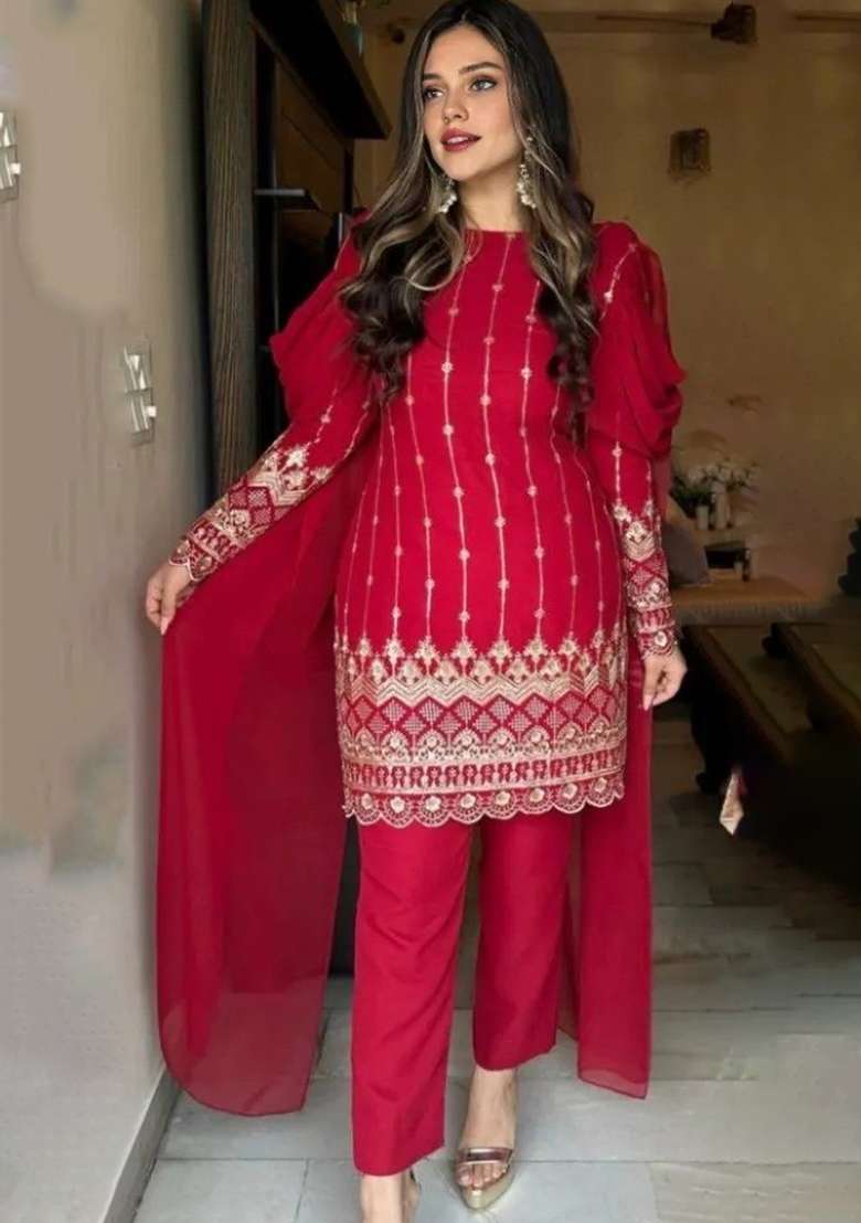Red Embroidery Georgette Sharara Set - Indya