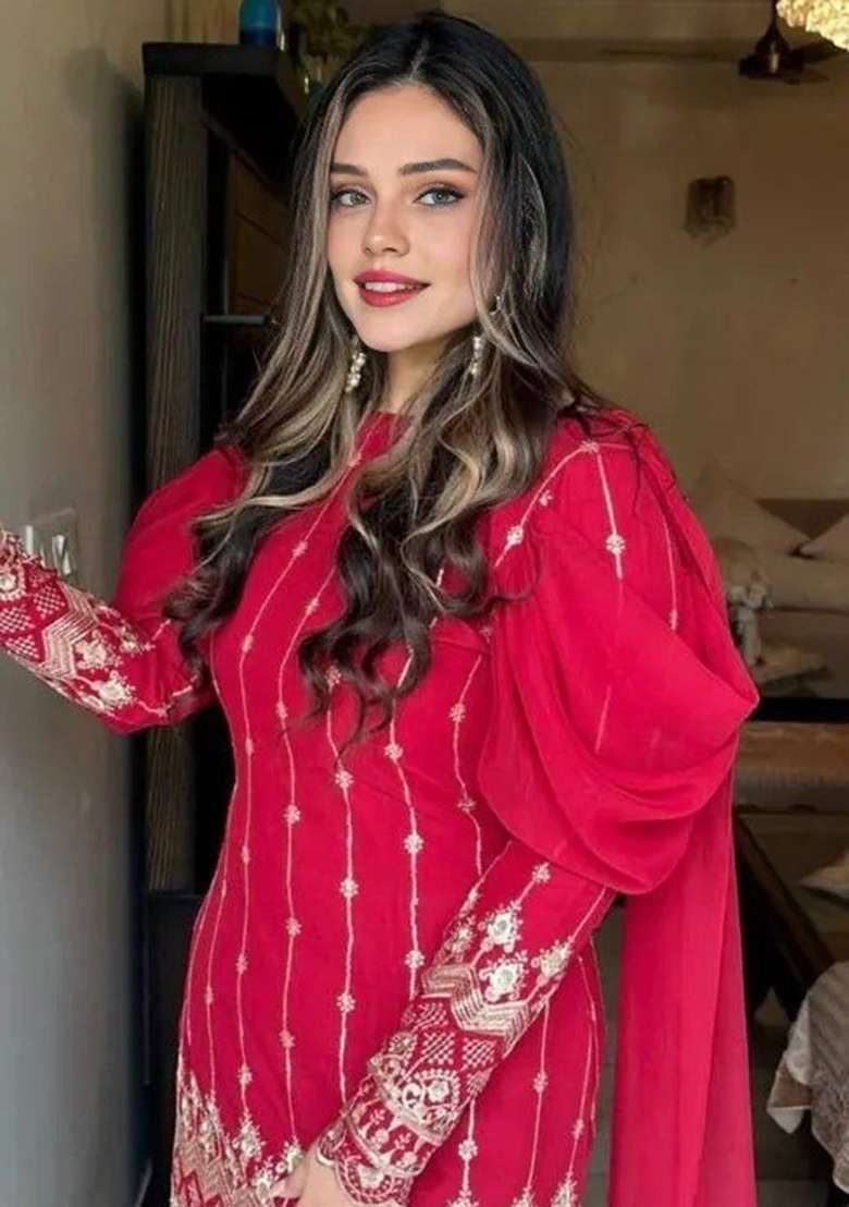 Red Embroidery Georgette Sharara Set - Indya