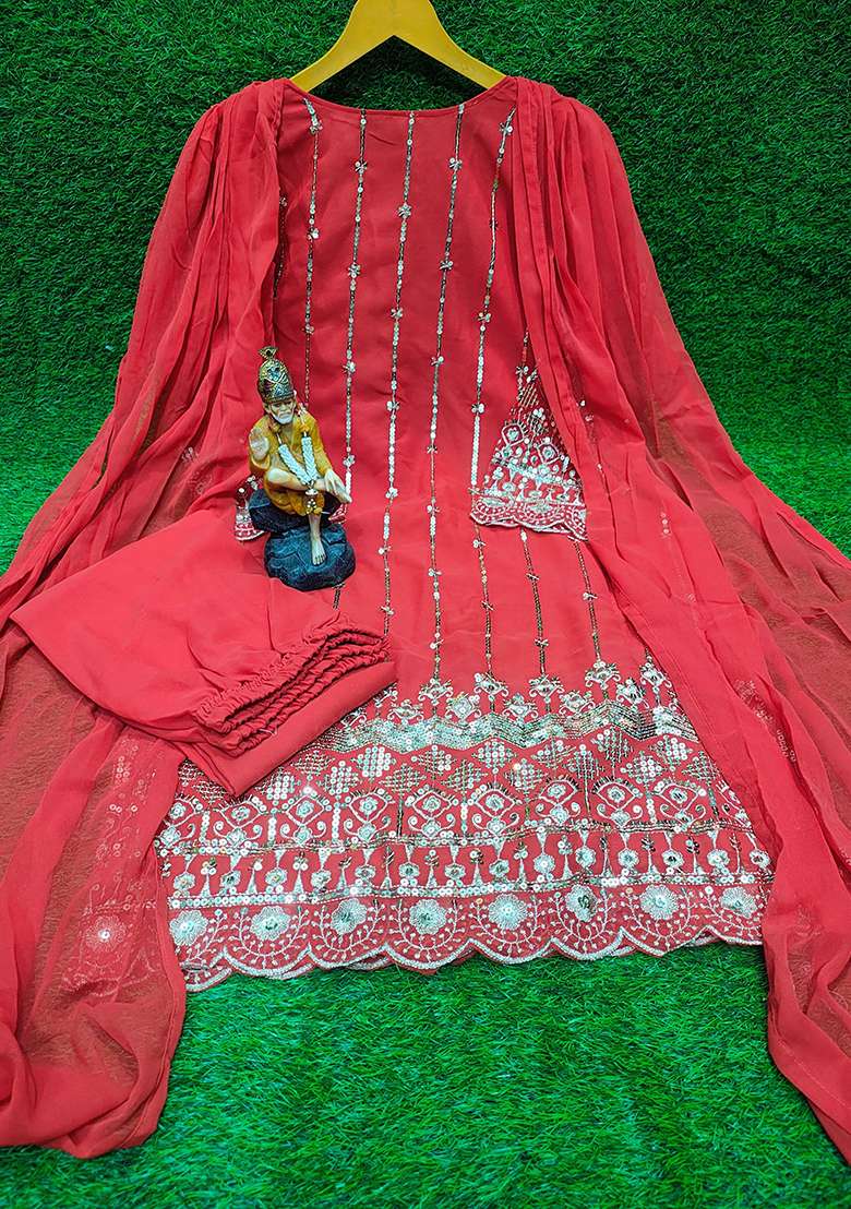 Red Embroidery Georgette Sharara Set - Indya