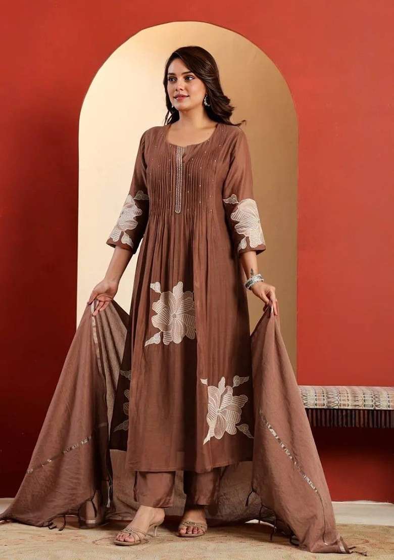 Brown Embroidery Cotton Kurta Set - Indya