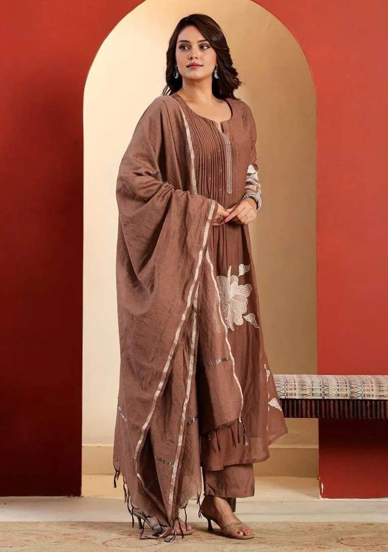 Brown Embroidery Cotton Kurta Set - Indya