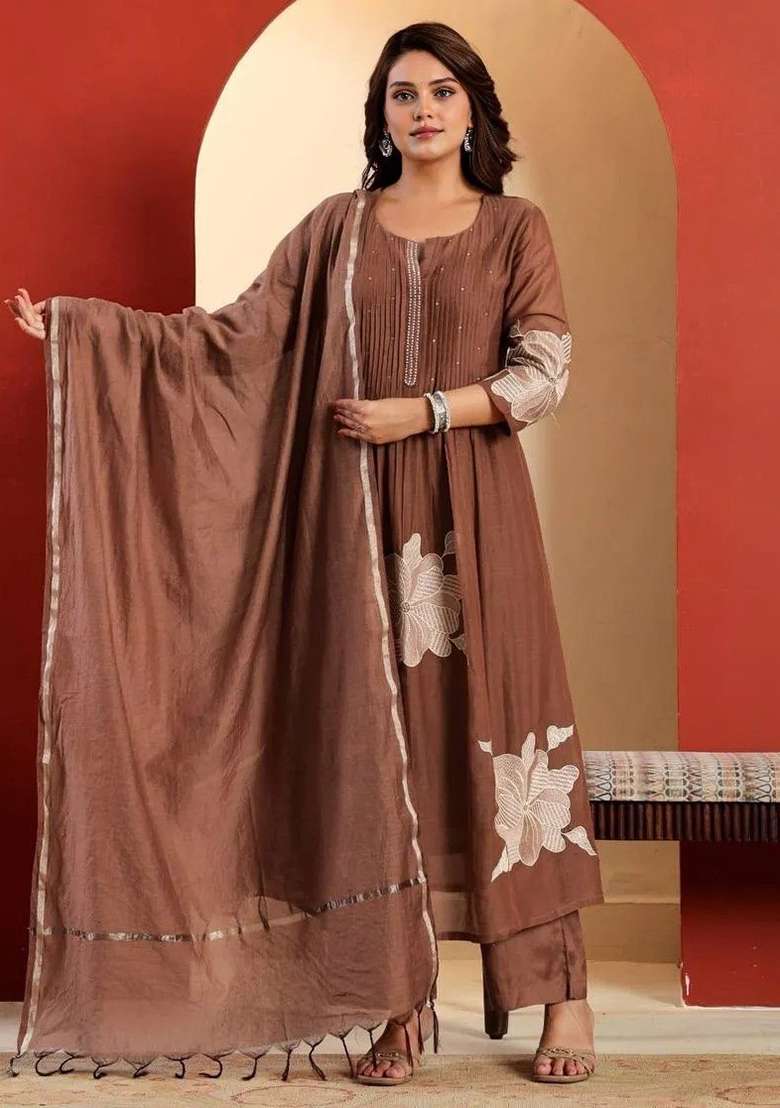 Brown Embroidery Cotton Kurta Set - Indya