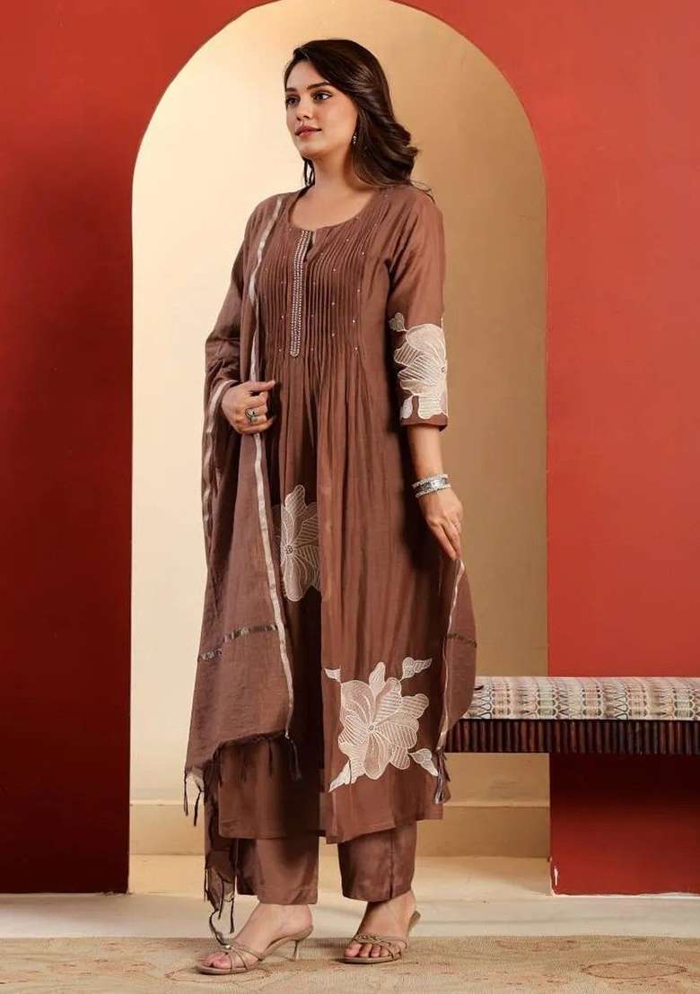 Brown Embroidery Cotton Kurta Set - Indya