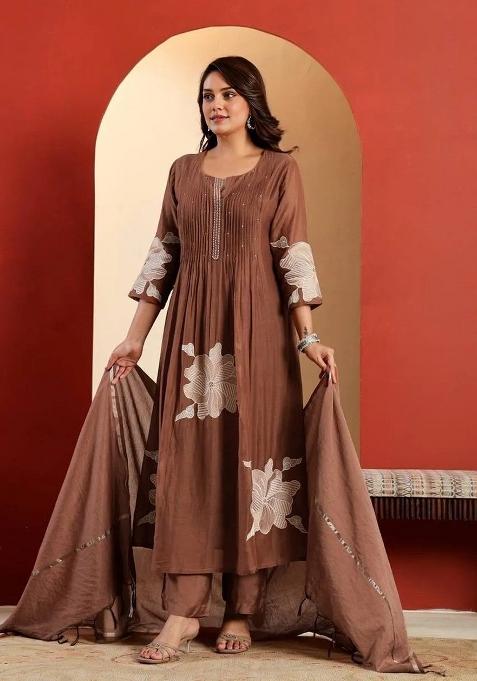 Brown Embroidery Cotton Kurta Set