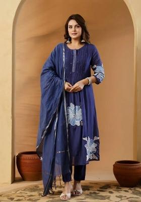 Blue Embroidery Cotton Kurta Set