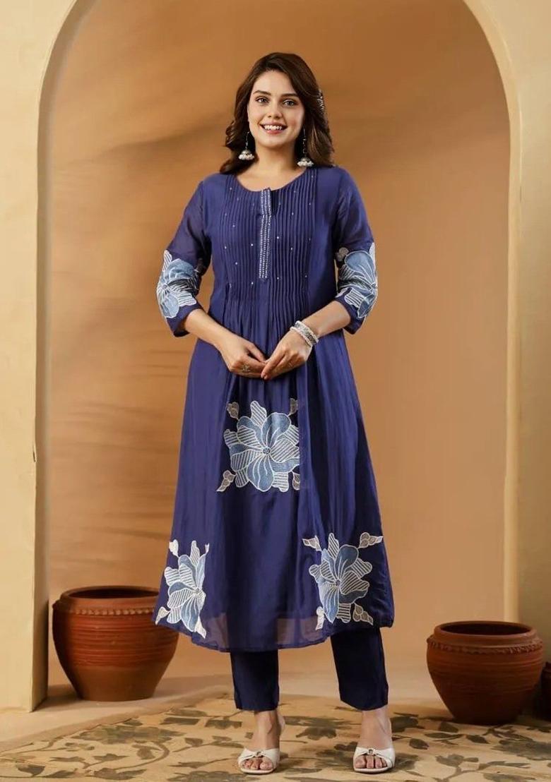 Blue Embroidery Cotton Kurta Set - Indya