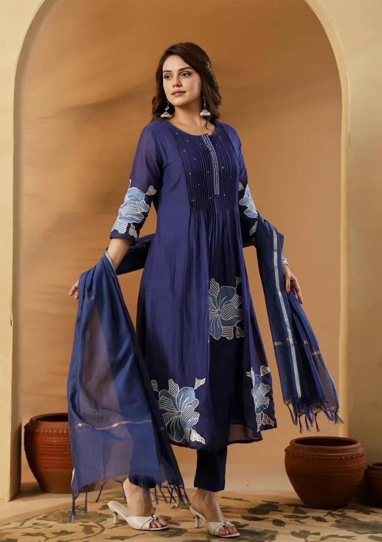 Blue Embroidery Cotton Kurta Set - Indya