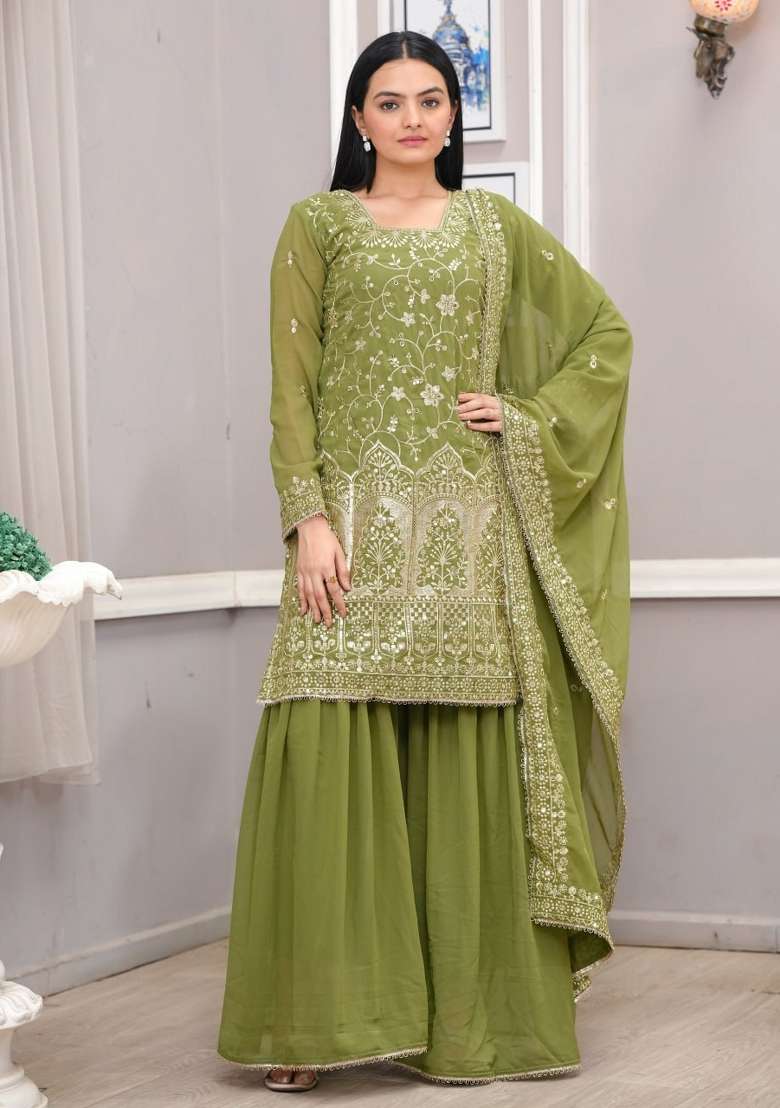 Mehendi Green Thread Work Georgette Kurta Set - Indya