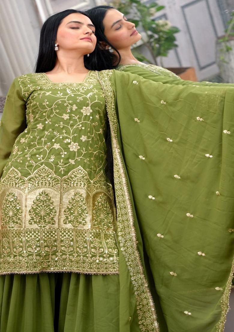 Mehendi Green Thread Work Georgette Kurta Set - Indya