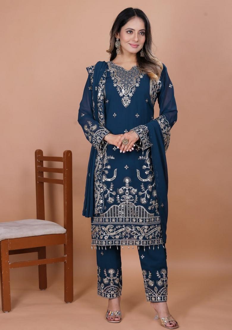 Blue Thread Work Georgette Kurta Set - Indya