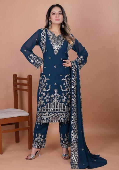 Blue Thread Work Georgette Kurta Set