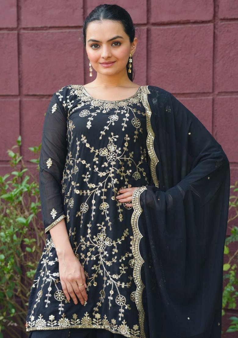 Black Thread Work Georgette Kurta Set - Indya