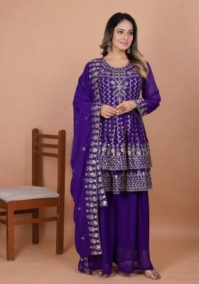 Purple Thread Work Georgette Kurta Set