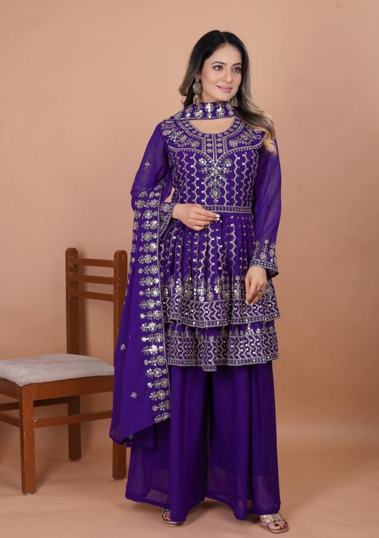 Purple Thread Work Georgette Kurta Set - Indya