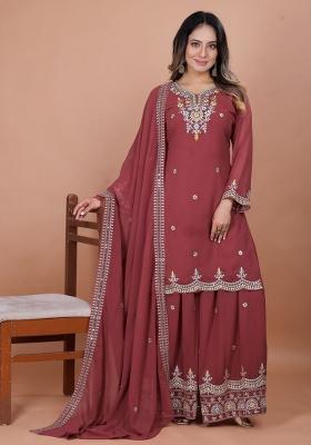 Brown Thread Work Georgette Kurta Set