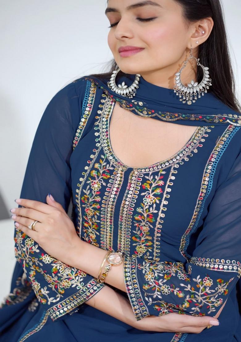 Blue Thread Work Georgette Kurta Set - Indya