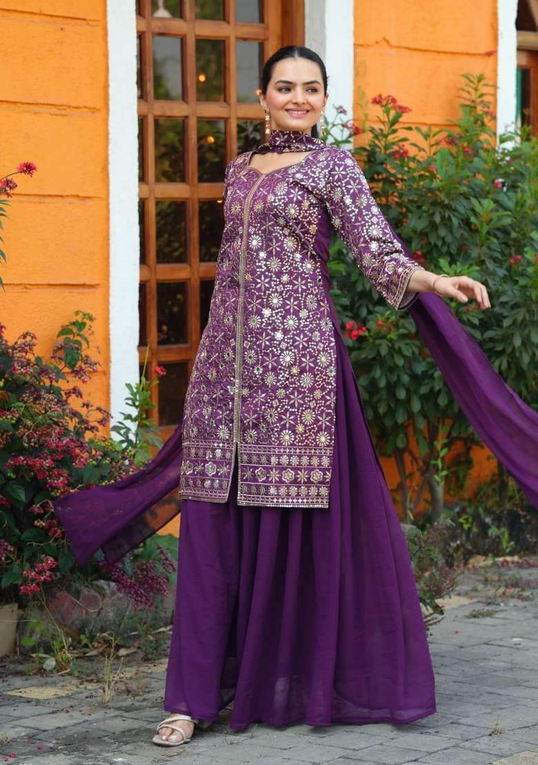 Wine Thread Work Silk Blend Kurta Set - Indya
