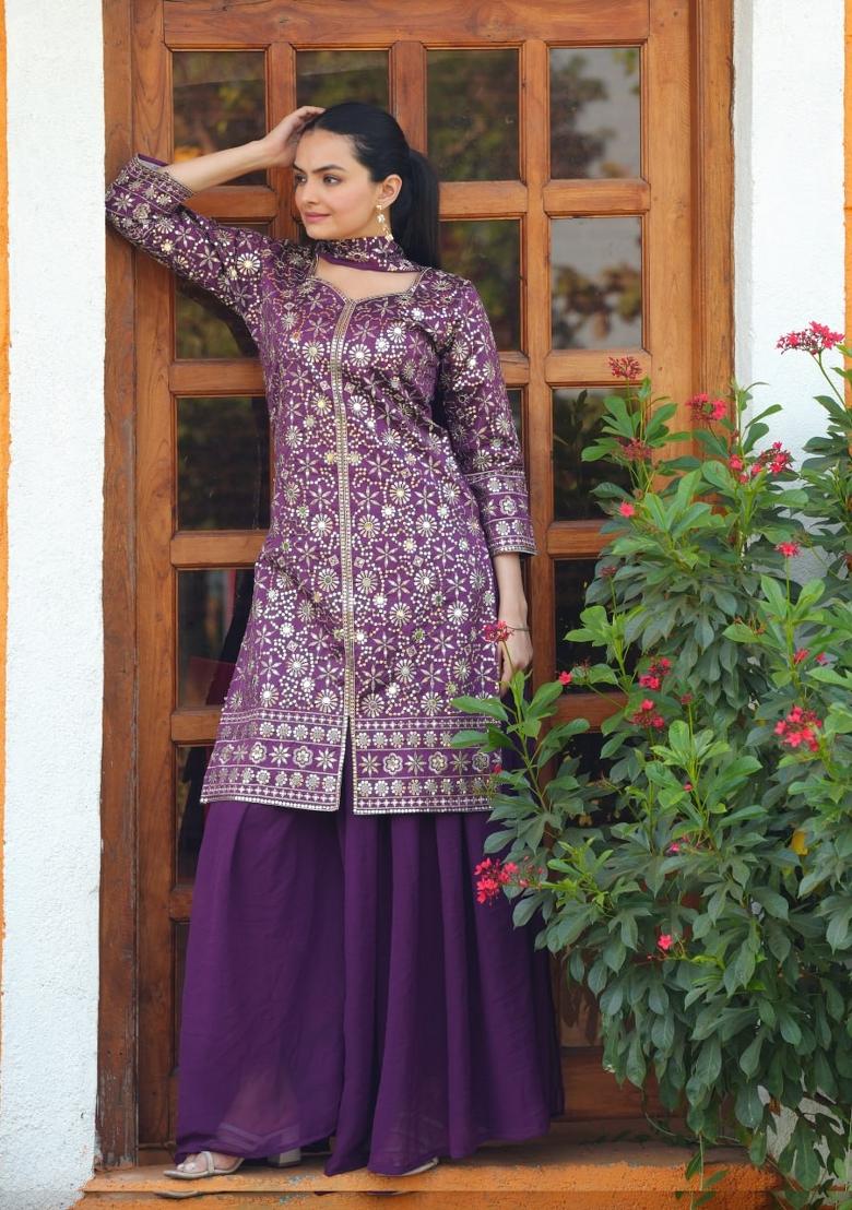 Wine Thread Work Silk Kurta Set - Indya
