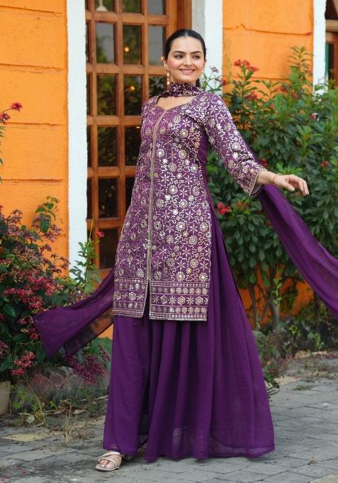 Wine Thread Work Silk Kurta Set
