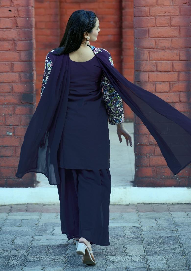 Blue Thread Work Silk Kurta Set - Indya