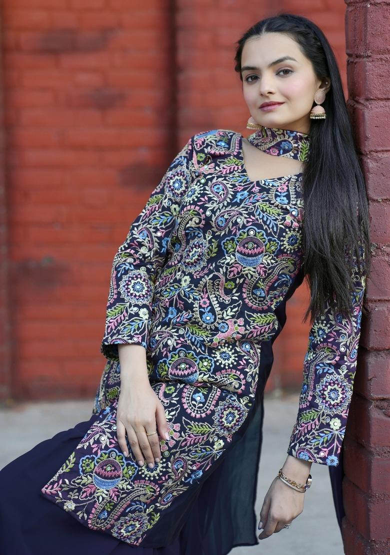 Blue Thread Work Silk Kurta Set - Indya