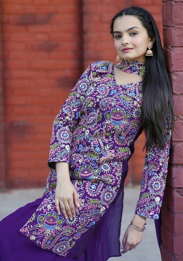 Purple Thread Work Silk Kurta Set - Indya