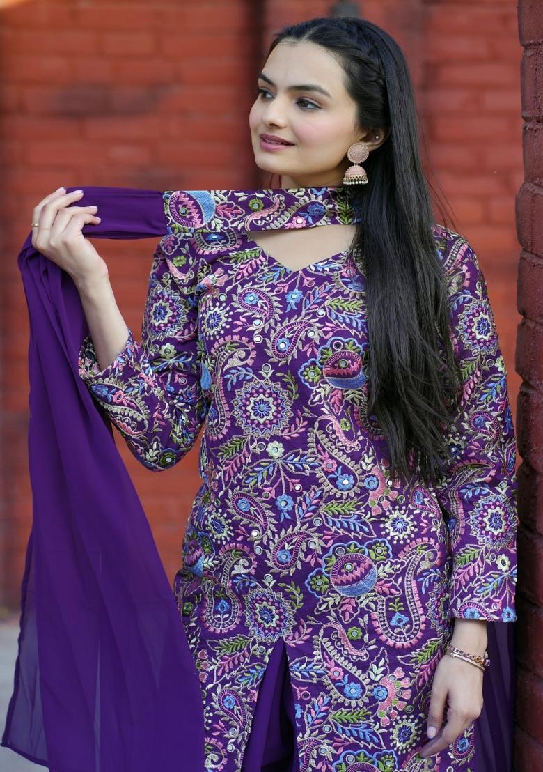 Purple Thread Work Silk Kurta Set - Indya