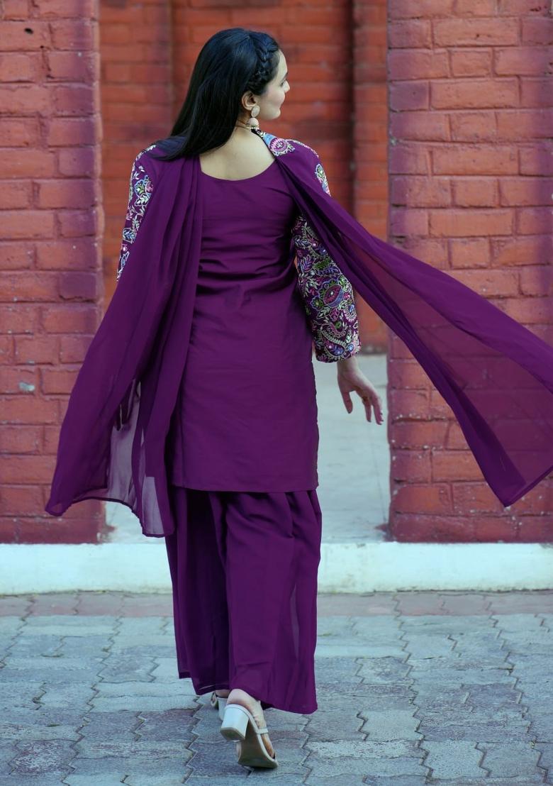 Wine Thread Work Silk Kurta Set - Indya