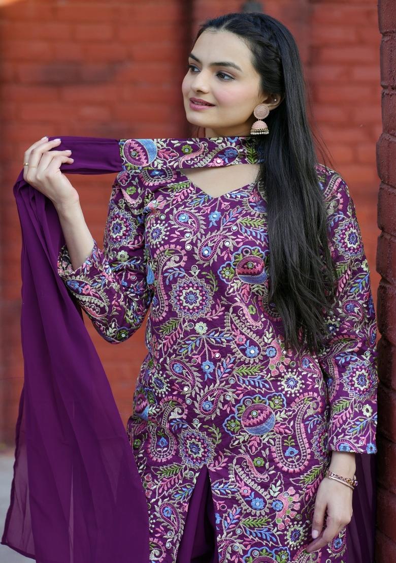 Wine Thread Work Silk Kurta Set - Indya