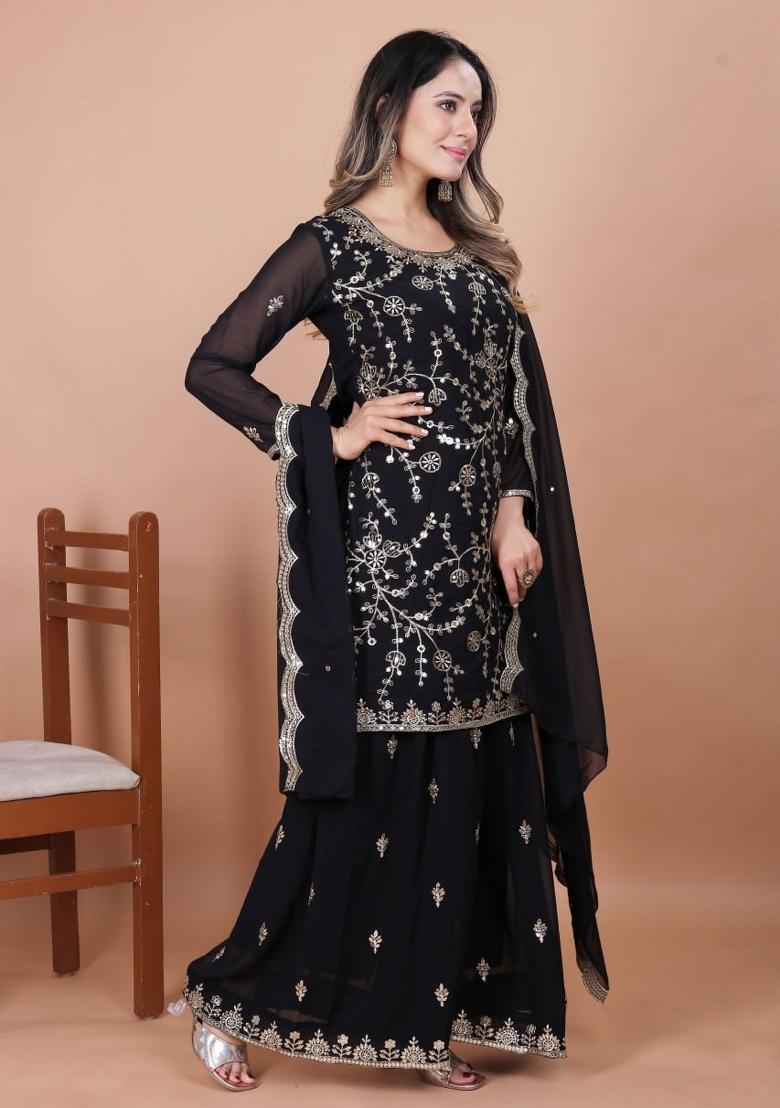 Black Thread Work Georgette Kurta Set - Indya