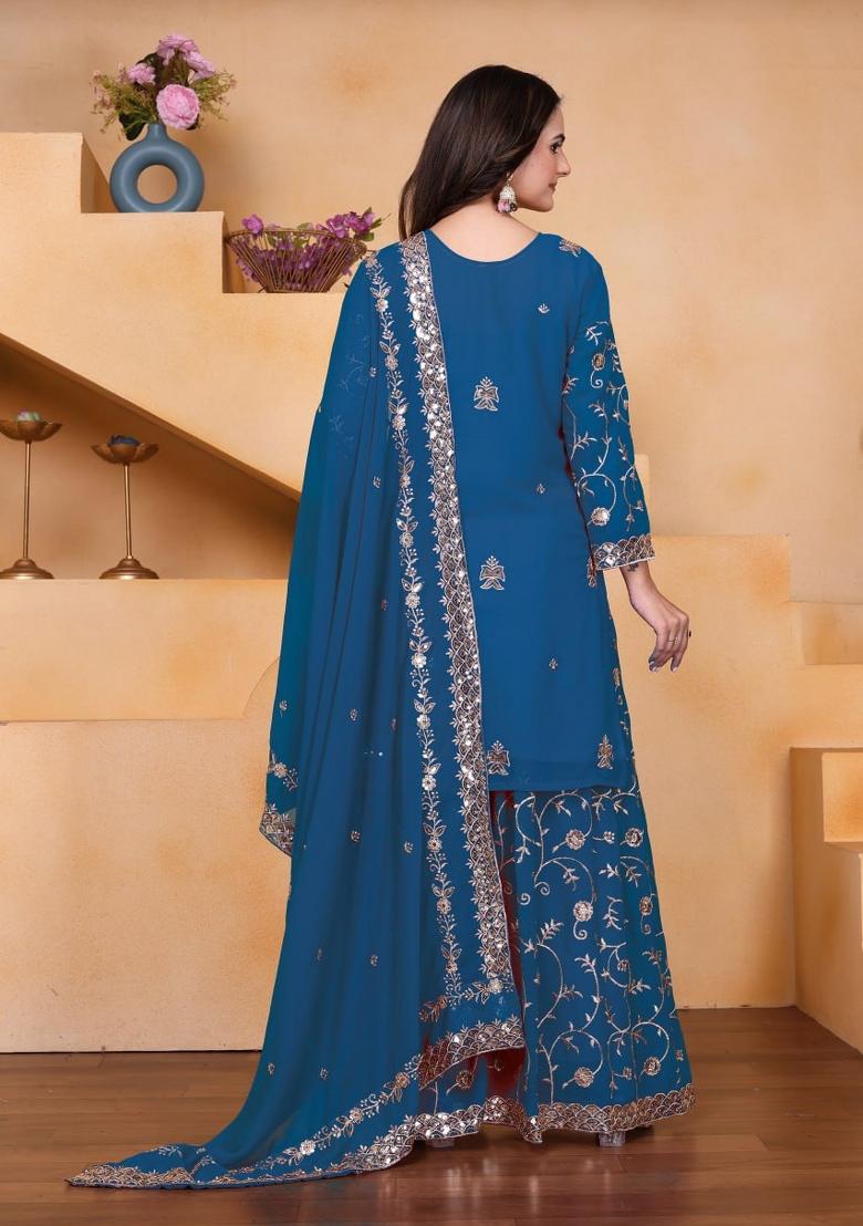 Blue Thread Work Georgette Kurta Set - Indya