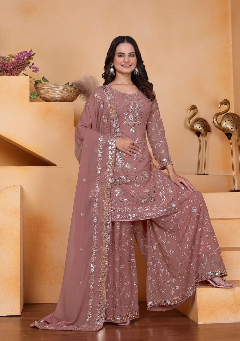 Onion Thread Work Georgette Kurta Set - Indya