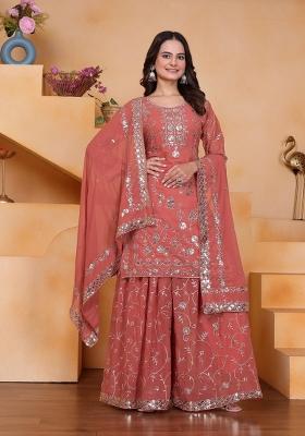 Peach Thread Work Georgette Kurta Set