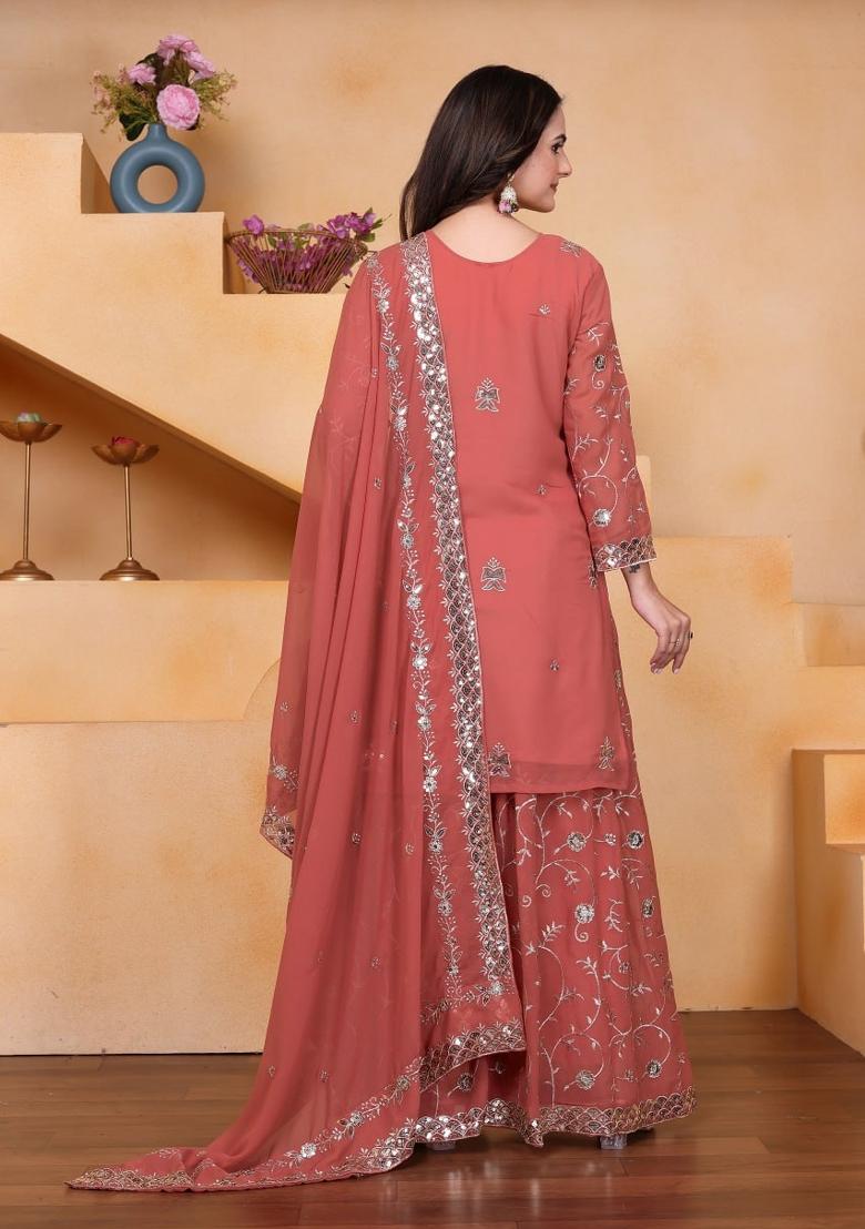 Peach Thread Work Georgette Kurta Set - Indya