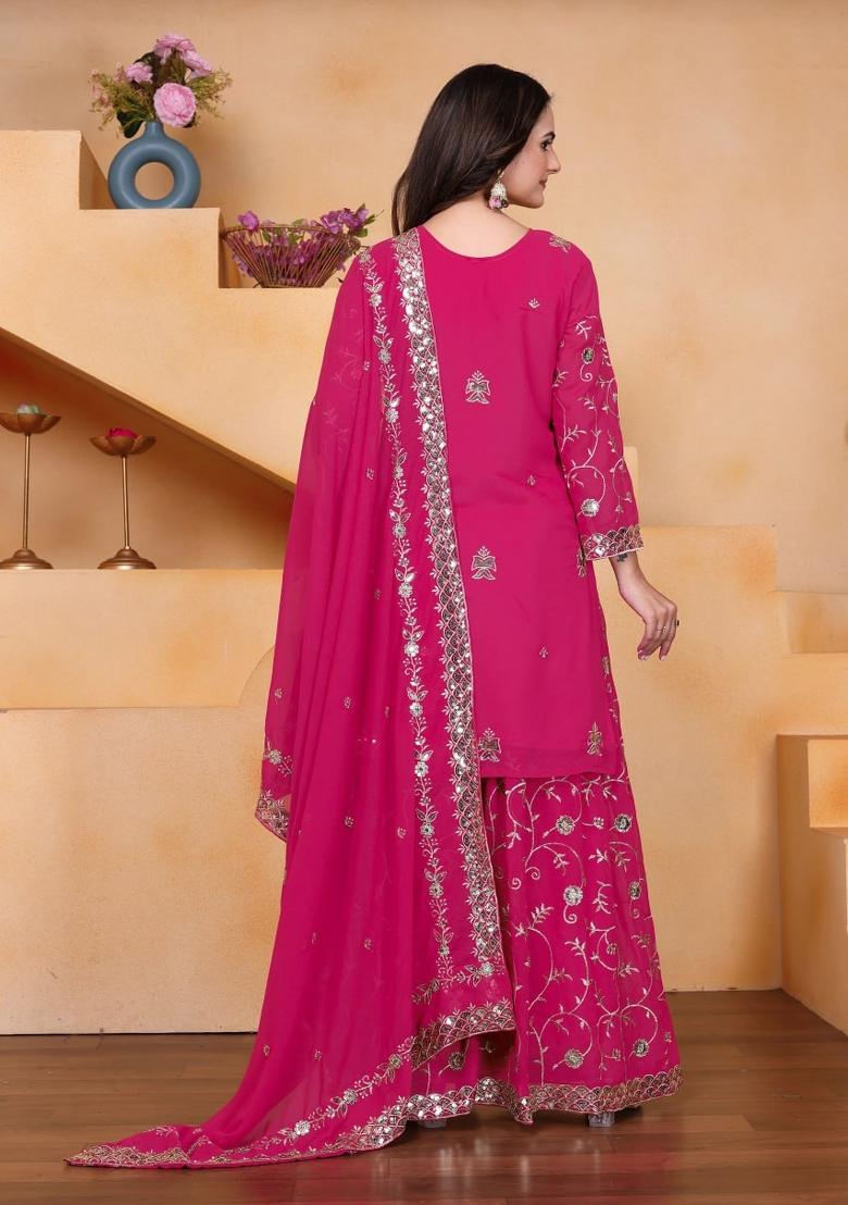 Pink Thread Work Georgette Kurta Set - Indya