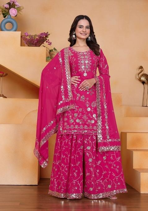 Pink Thread Work Georgette Kurta Set
