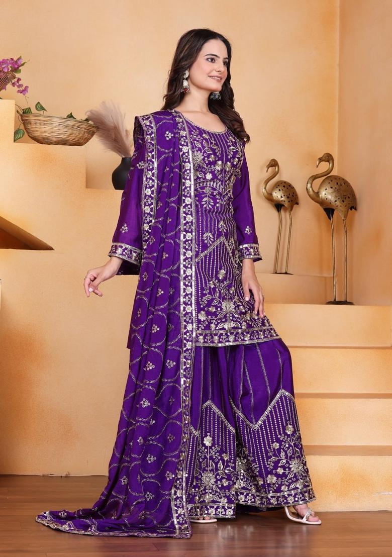 Purple Thread Work Chinon Kurta Set - Indya
